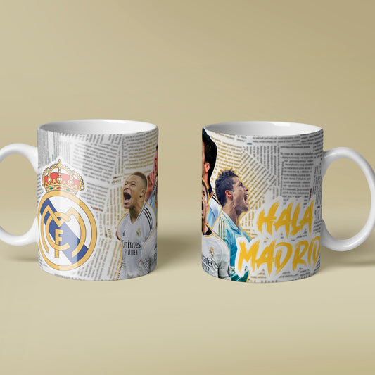 Two mugs with Real Madrid branding on a beige background