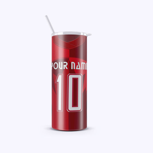 Red cylindrical cup with white text on a white background