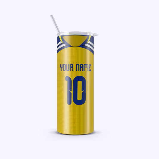 Yellow tumbler with blue accents and customizable text on a white background