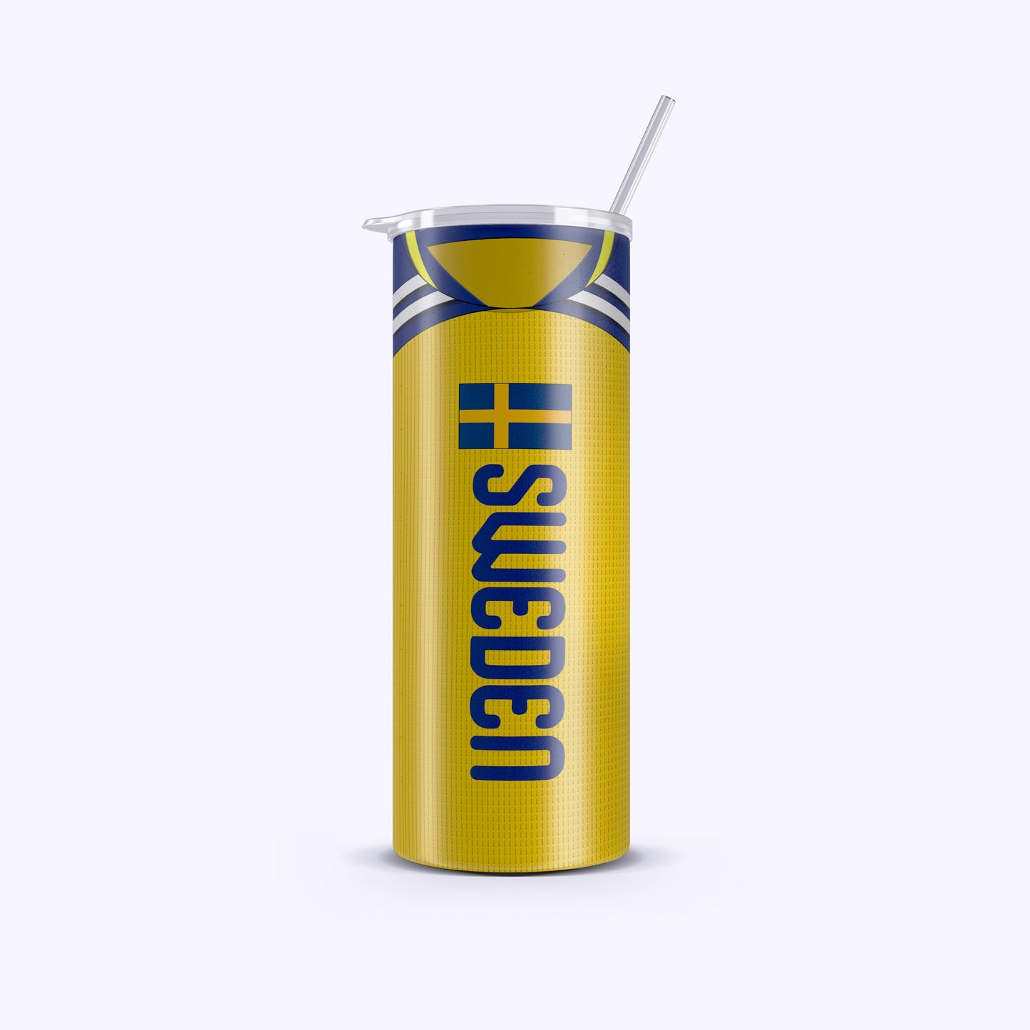 Yellow tumbler with 'Sweden' text on a white background