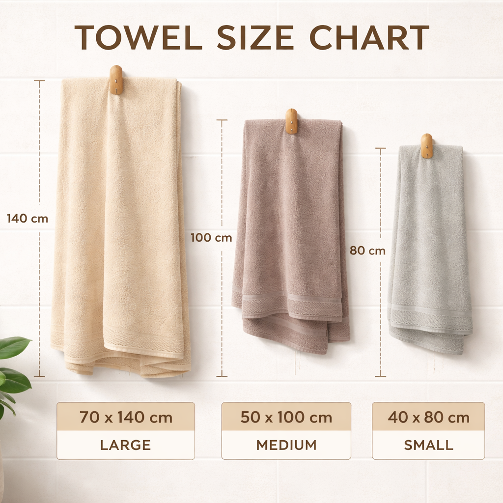 Towel size chart with three towels of different sizes on a white background