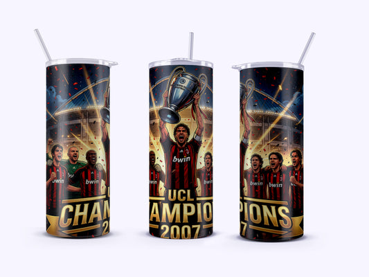 Three cylindrical tumblers with sports-themed designs and text on a white background