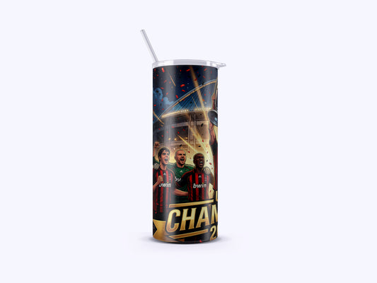 Tumbler with a design featuring people and text on a white background