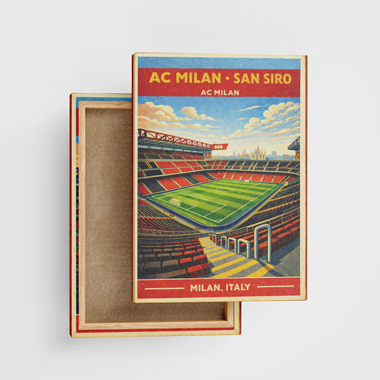 Stadium-themed product packaging with 'AC Milan San Siro' branding on a white background