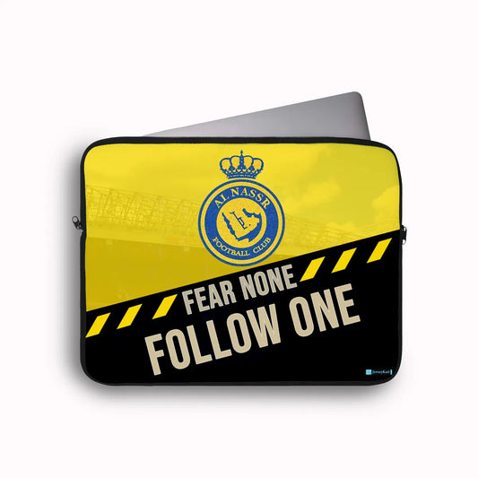 Laptop sleeve with Al Nassr Football Club logo and text on a white background