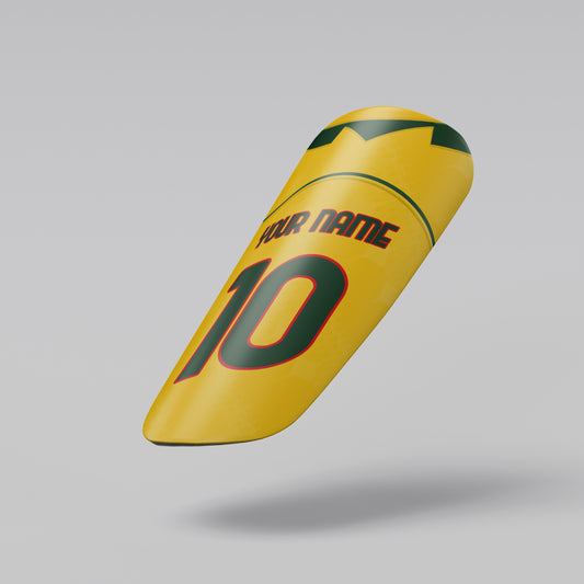 Phone case with soccer design and customizable text on a gray background