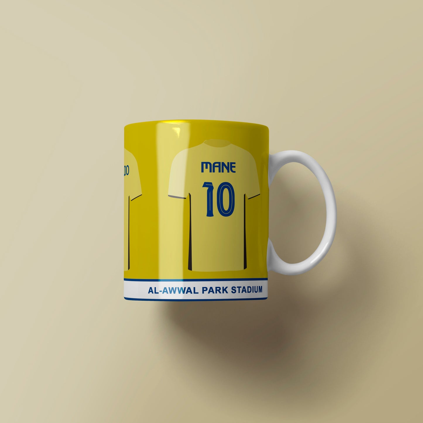 Mug with a design of a soccer jersey on a beige background