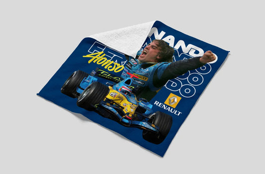 Fleece blanket with a Formula 1 car and driver design on a gray background