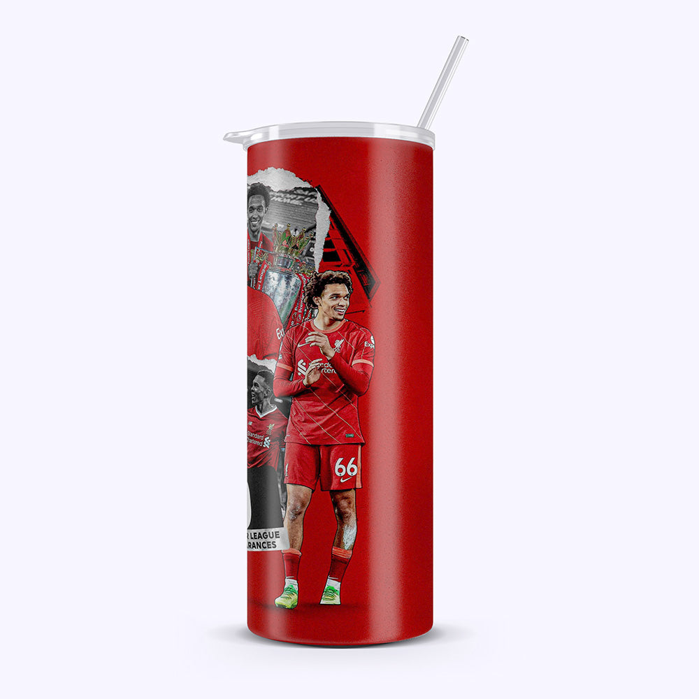Red tumbler with a sports-themed design on a white background
