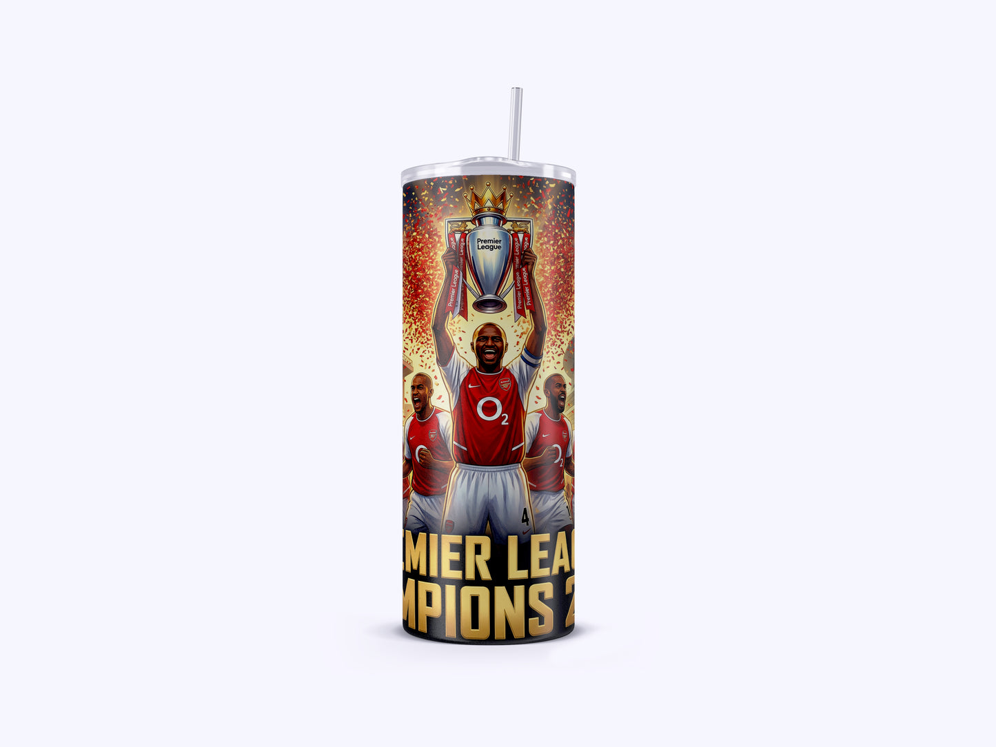 Tumbler with sports-themed design featuring athletes and a trophy on a white background