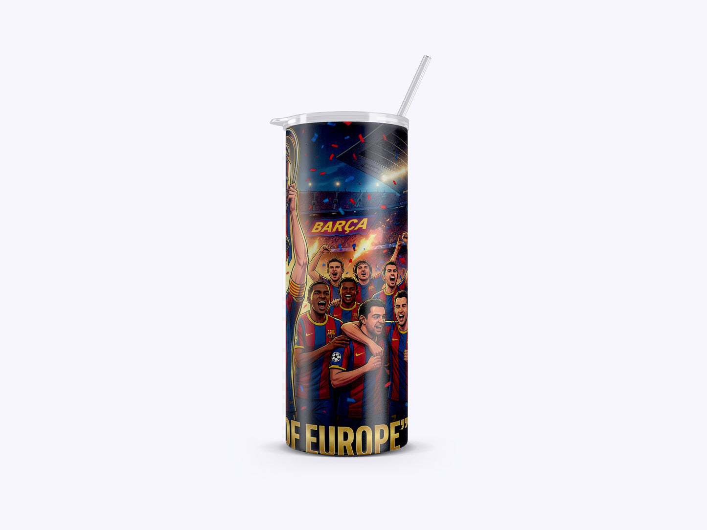 Tumbler with Barcelona football team design and 'Barca' text on a white background