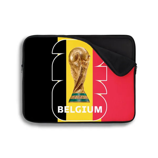 Laptop sleeve with Belgium flag design and World Cup trophy on a white background