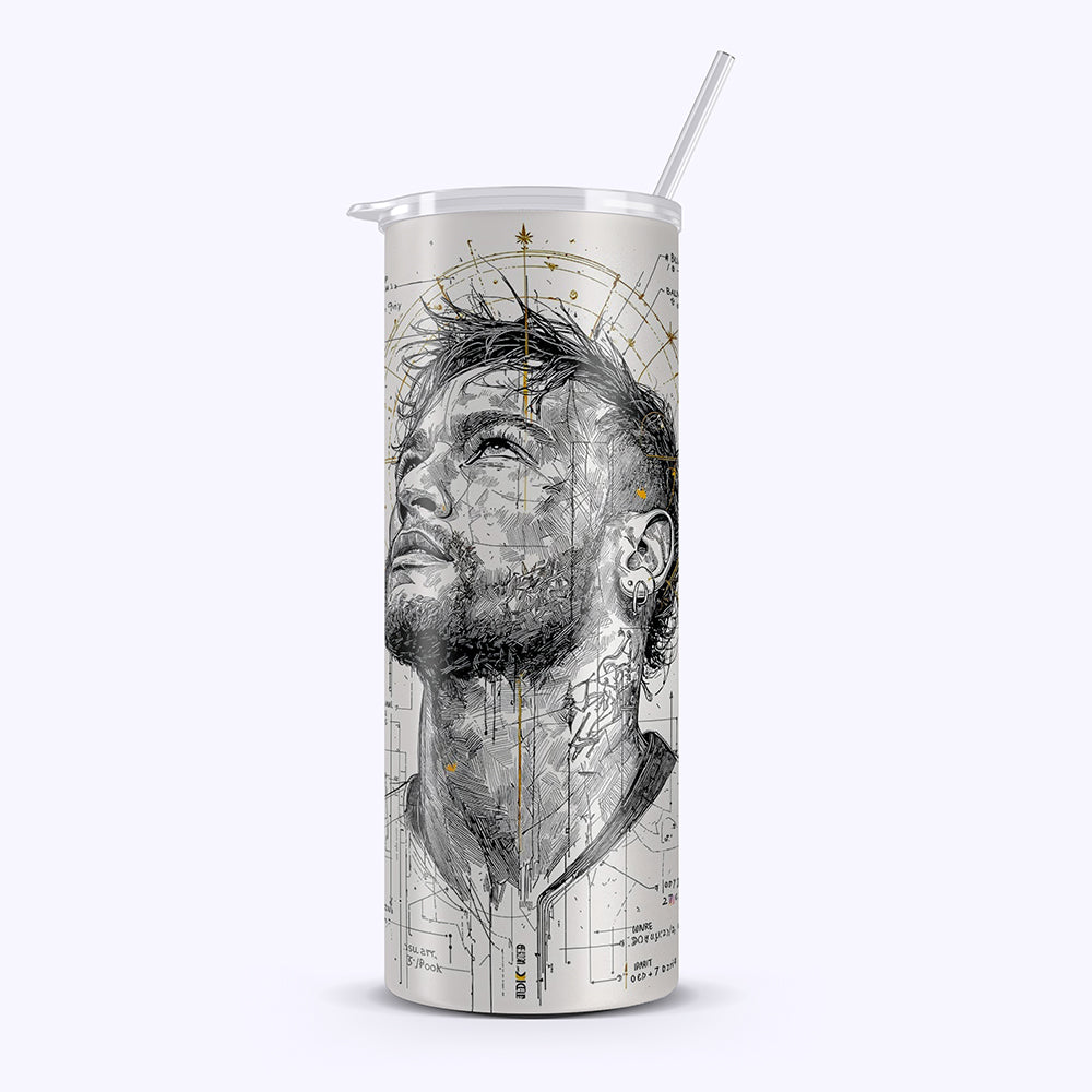 Tumbler with a graphic design of a face on a white background