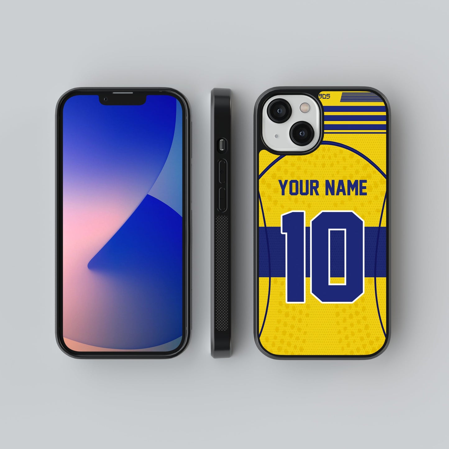 Phone case with yellow and blue design, featuring 'Your Name' and '10', next to a smartphone on a gray background.