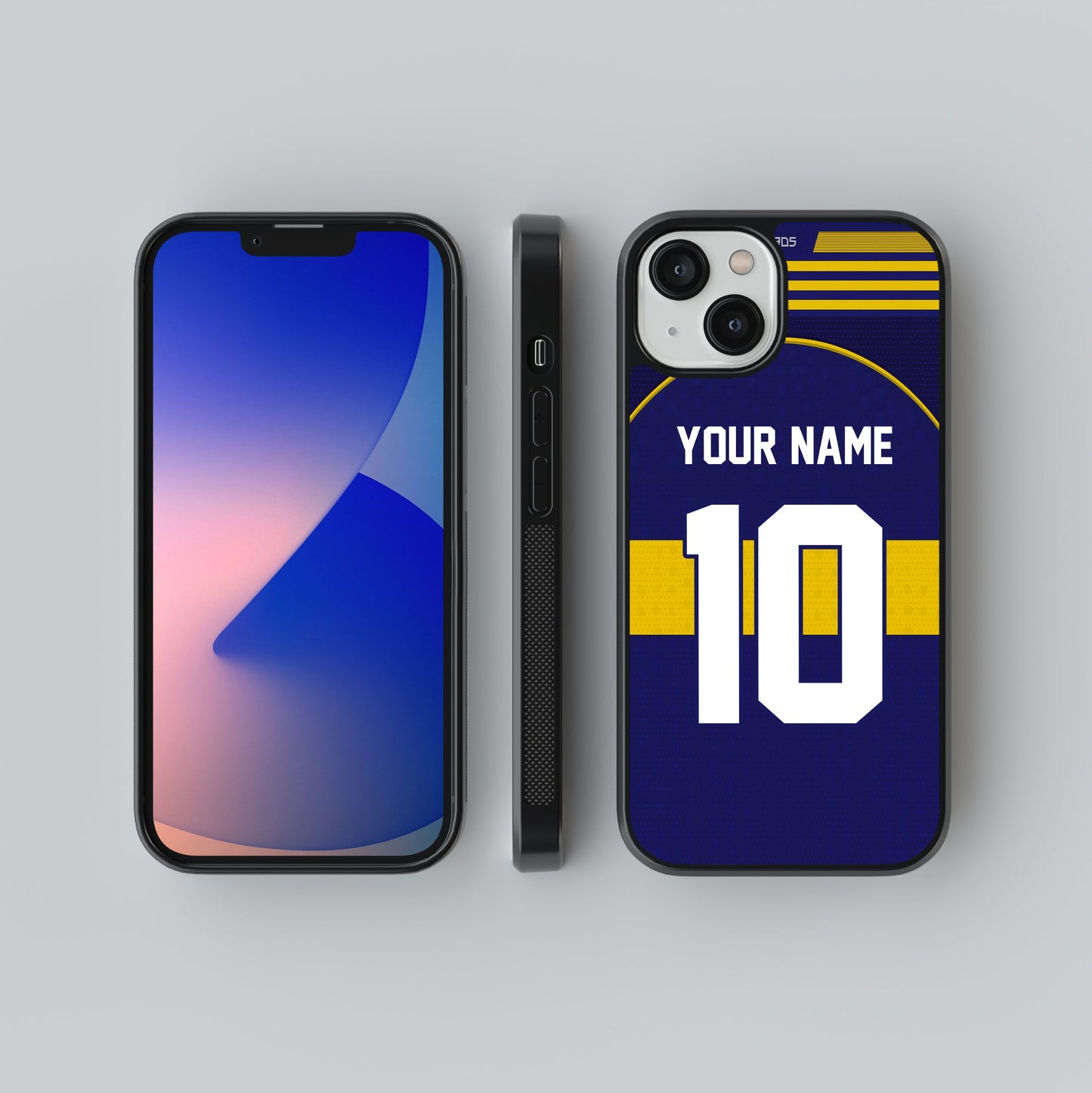 Phone case with customizable name and number on a gray background