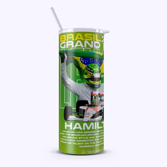 Tumbler with Formula 1 driver design and 'Brasil Grand' text on a white background