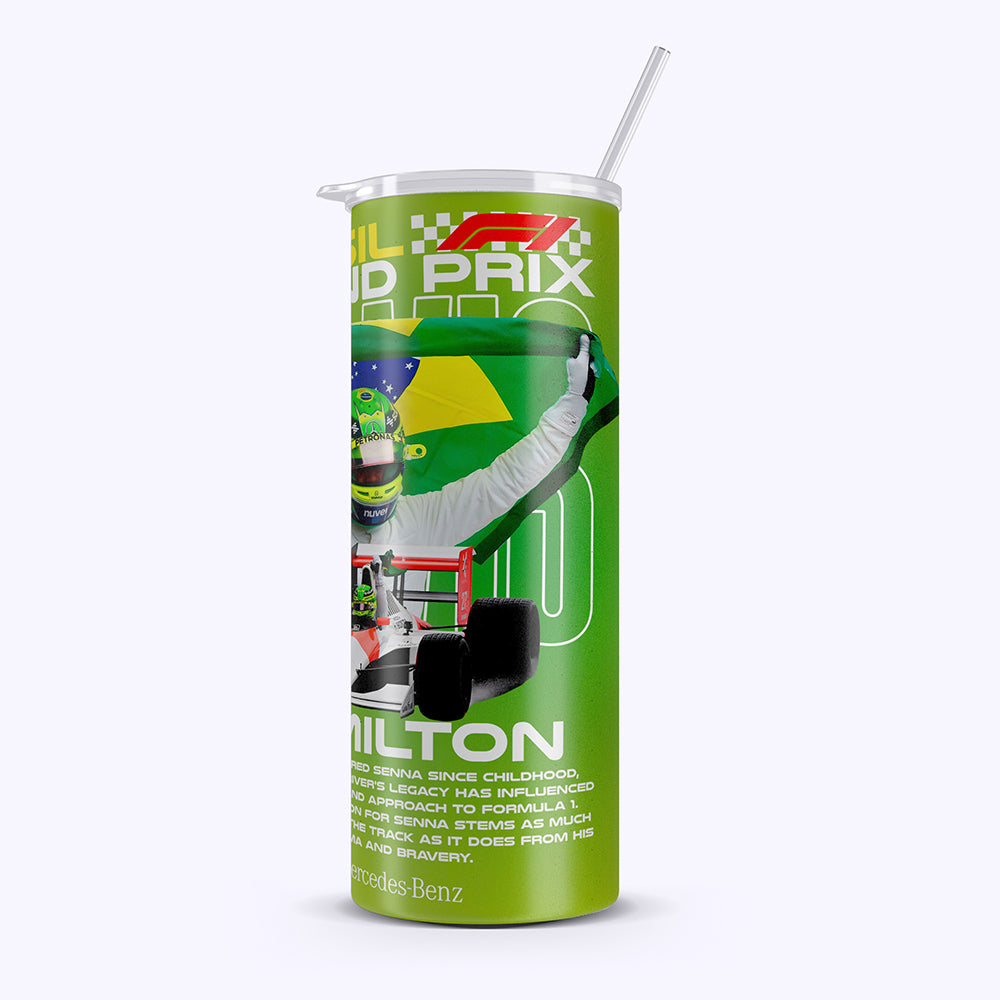 Green Formula 1-themed cup with a driver and car illustration on a white background