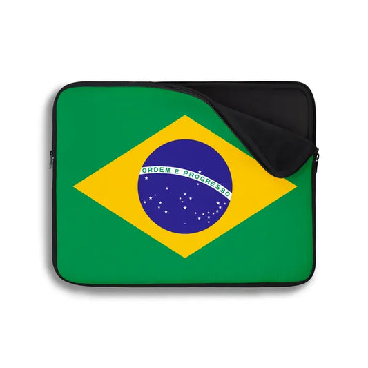 Laptop sleeve with Brazilian flag design on a white background