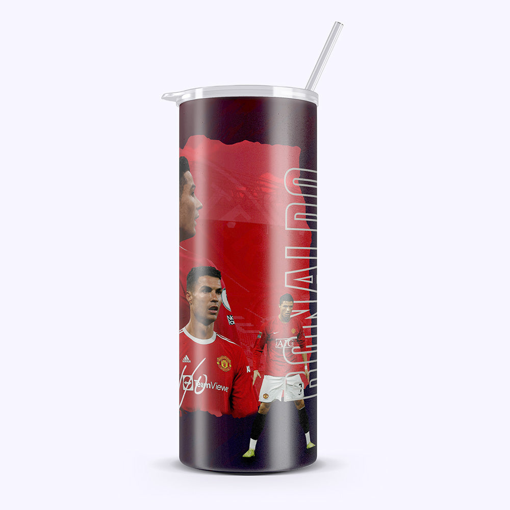 Tumbler with soccer player design on a white background