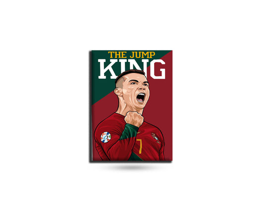 Fridge magnet with a soccer player in a red jersey and 'The Jump King' text on a green background