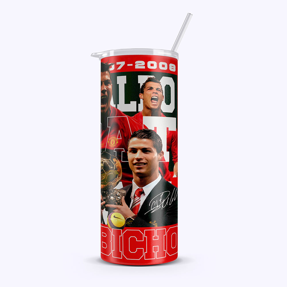 Tumbler with soccer player design and text on a white background