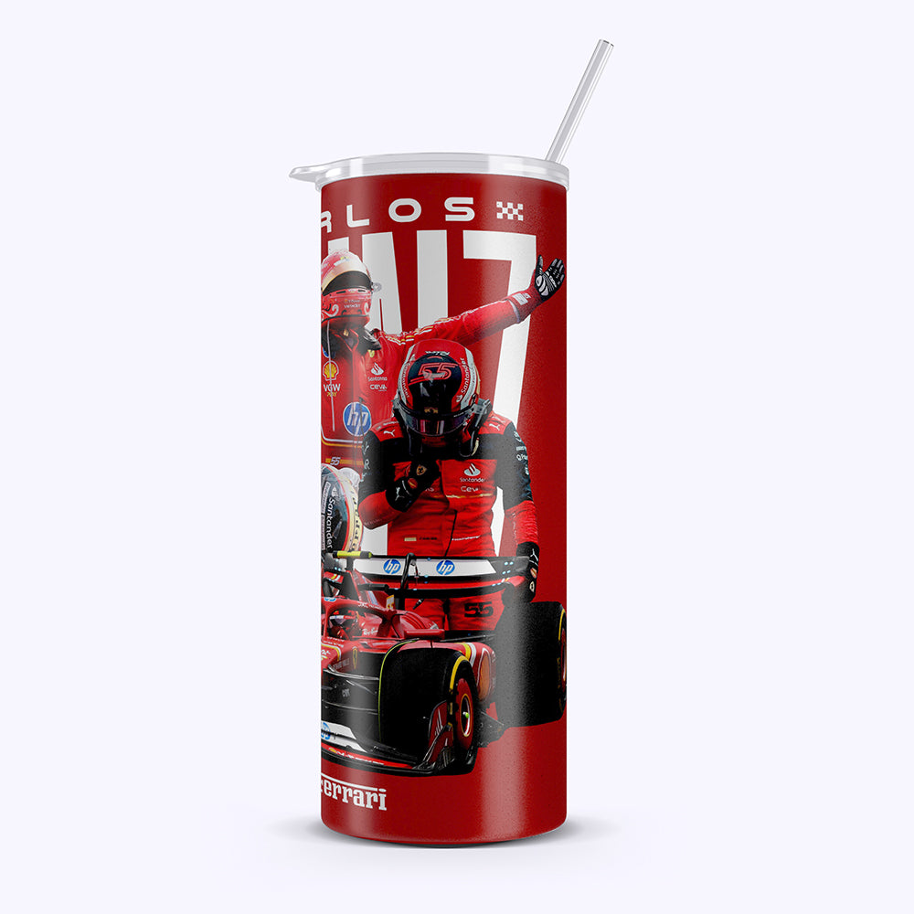 Tumbler with Formula 1 driver and car design on a white background