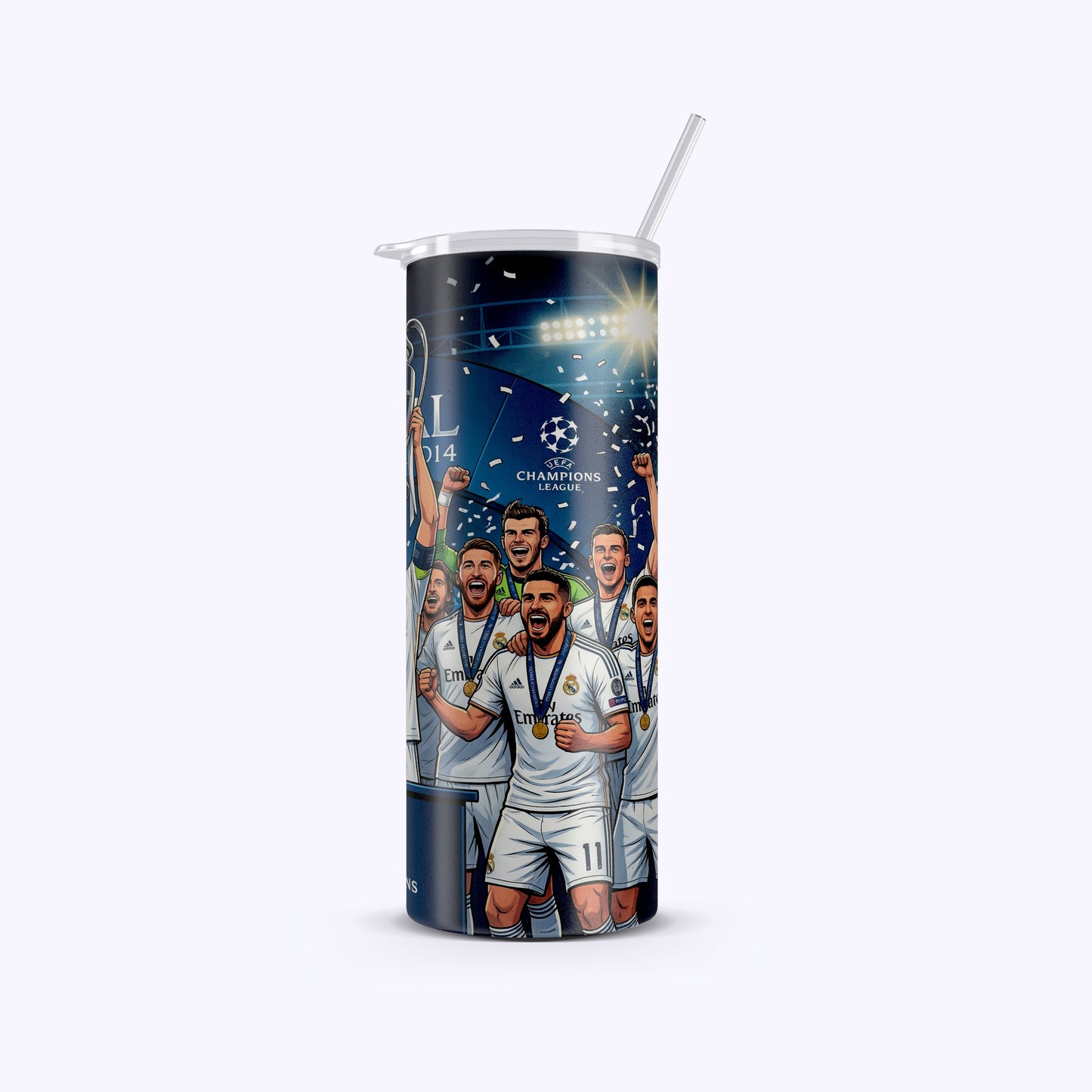 Tumbler with soccer player design on a white background