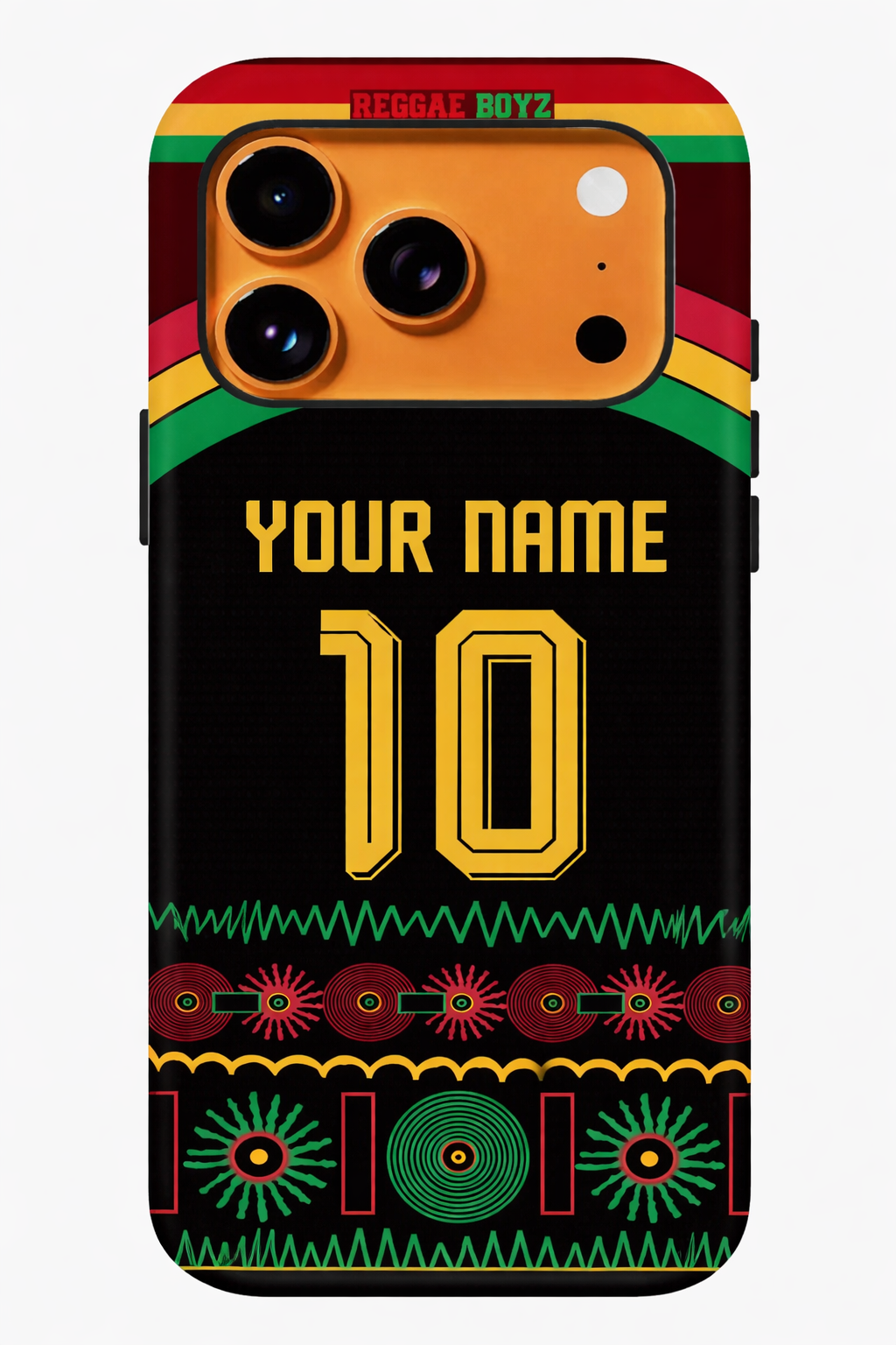 Phone case with Rastafarian colors and patterns, customizable text on a black background