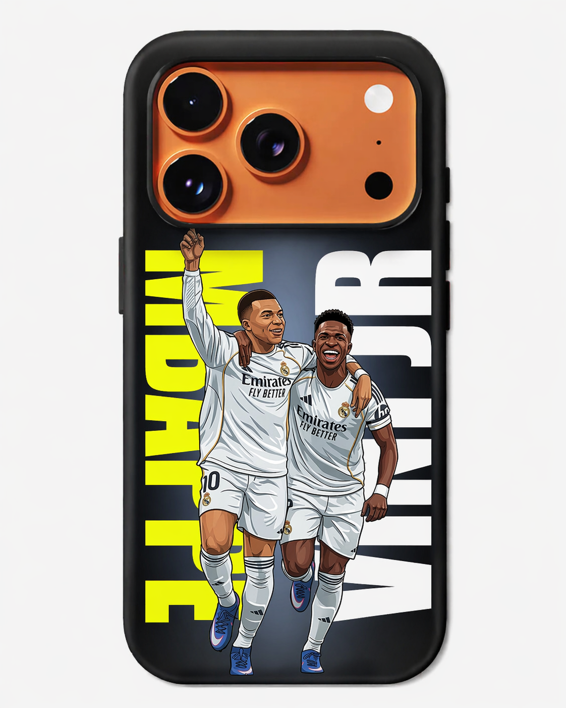 Phone case with two soccer players and 'Emirates' branding on a black background