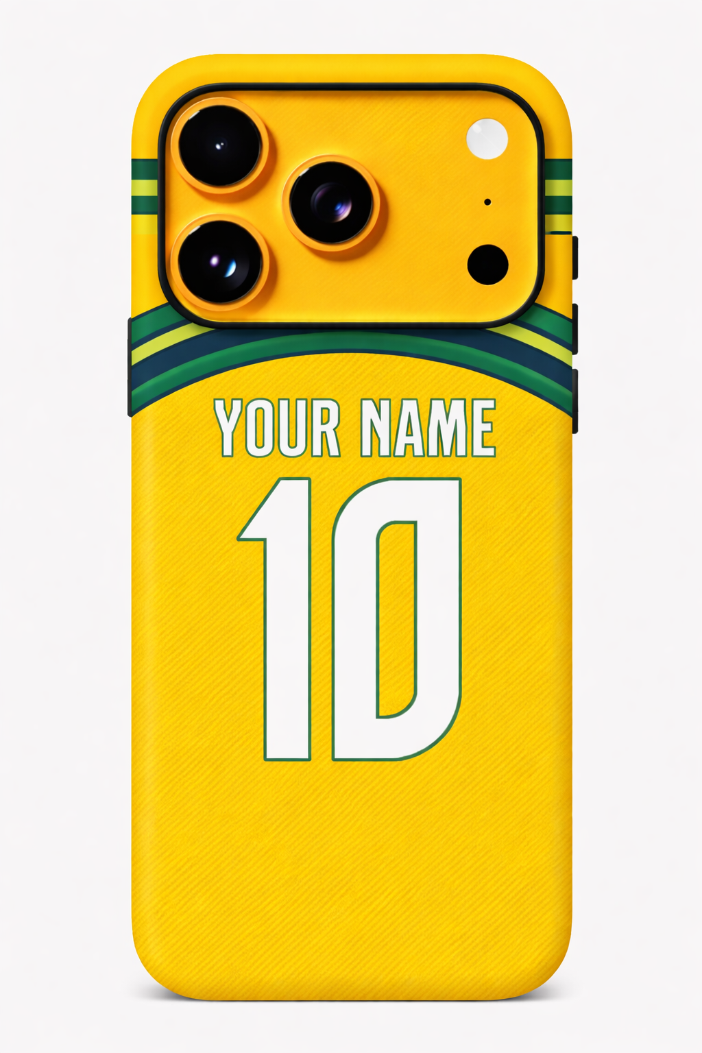 Yellow phone case with customizable text on a white background