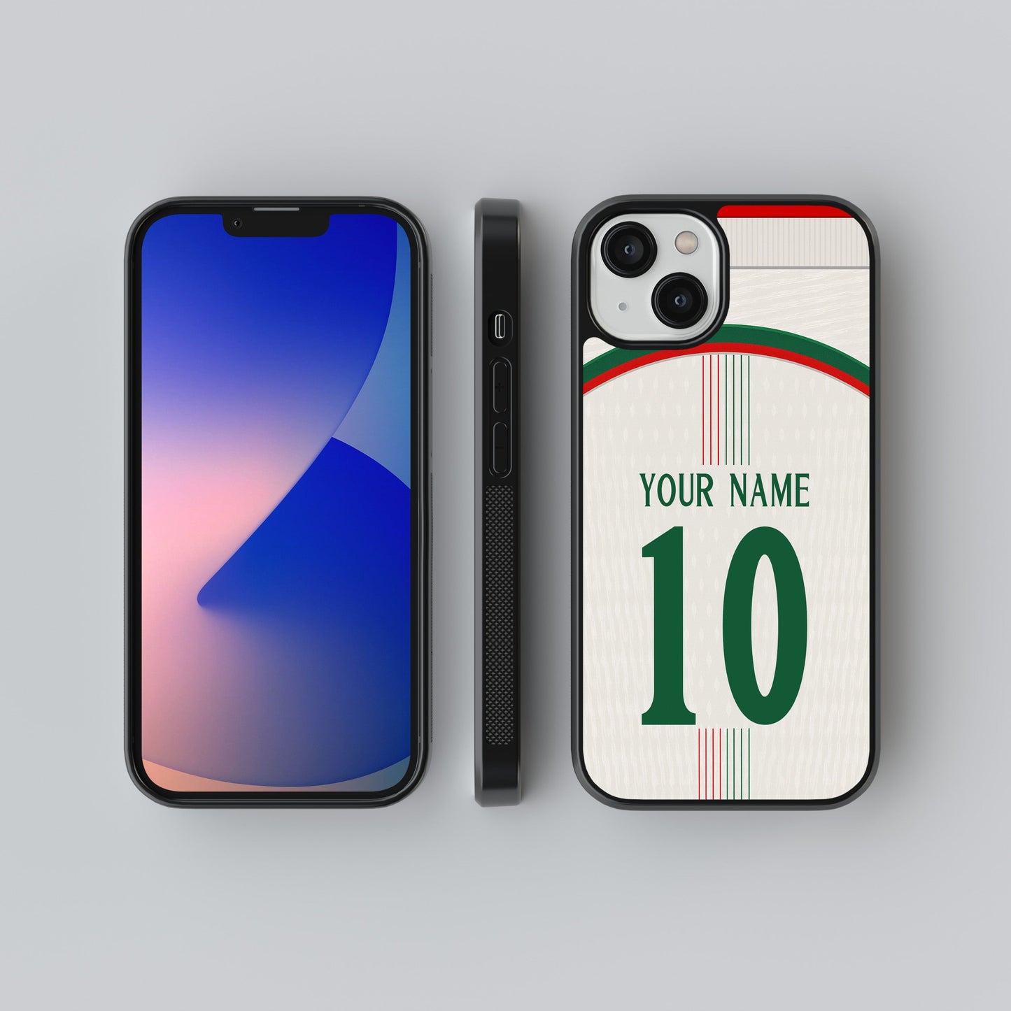 Phone case with customizable text on a gray background