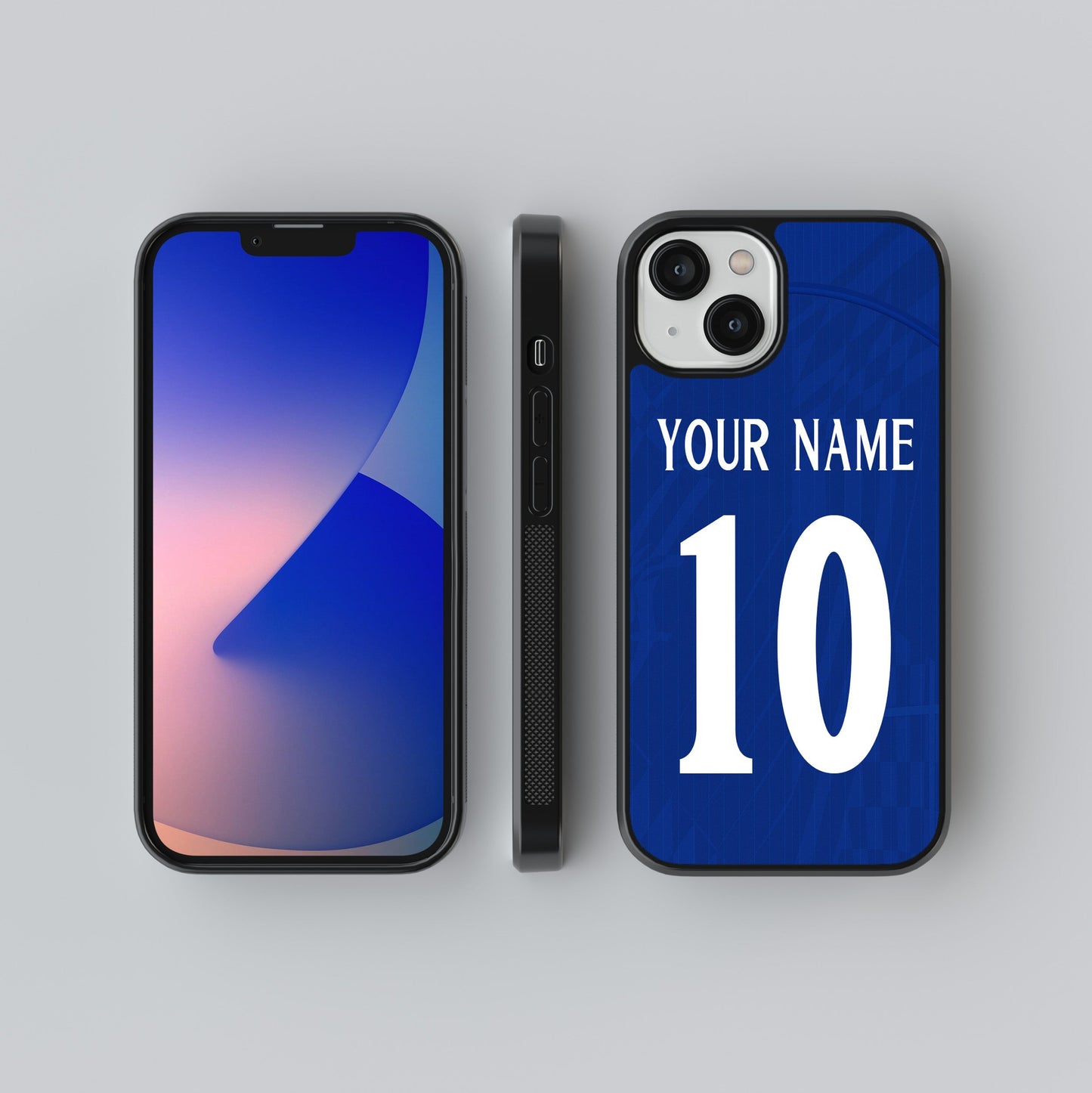 Phone case with customizable name and number on a gray background