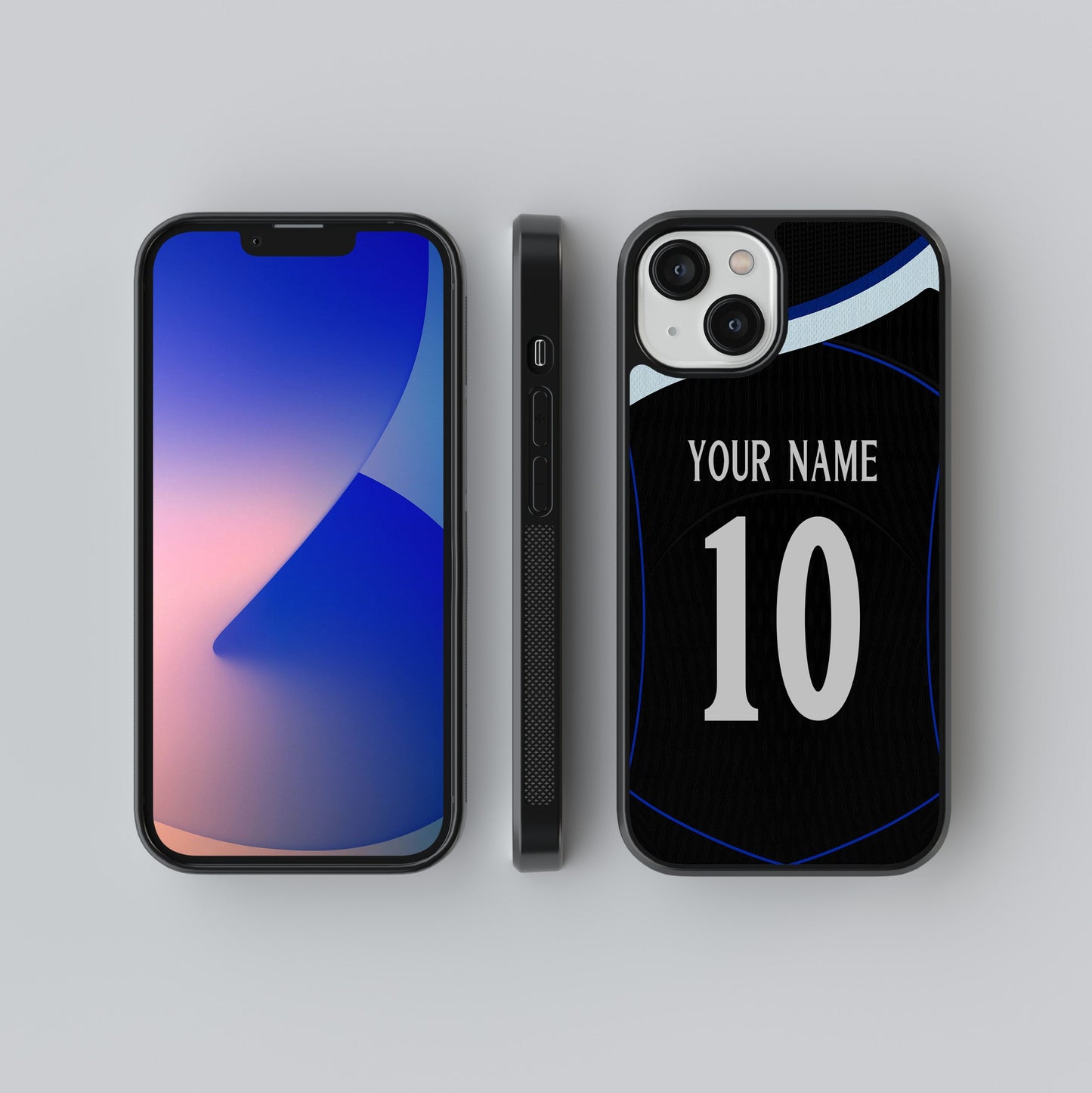 Phone case with customizable name and number on a gray background