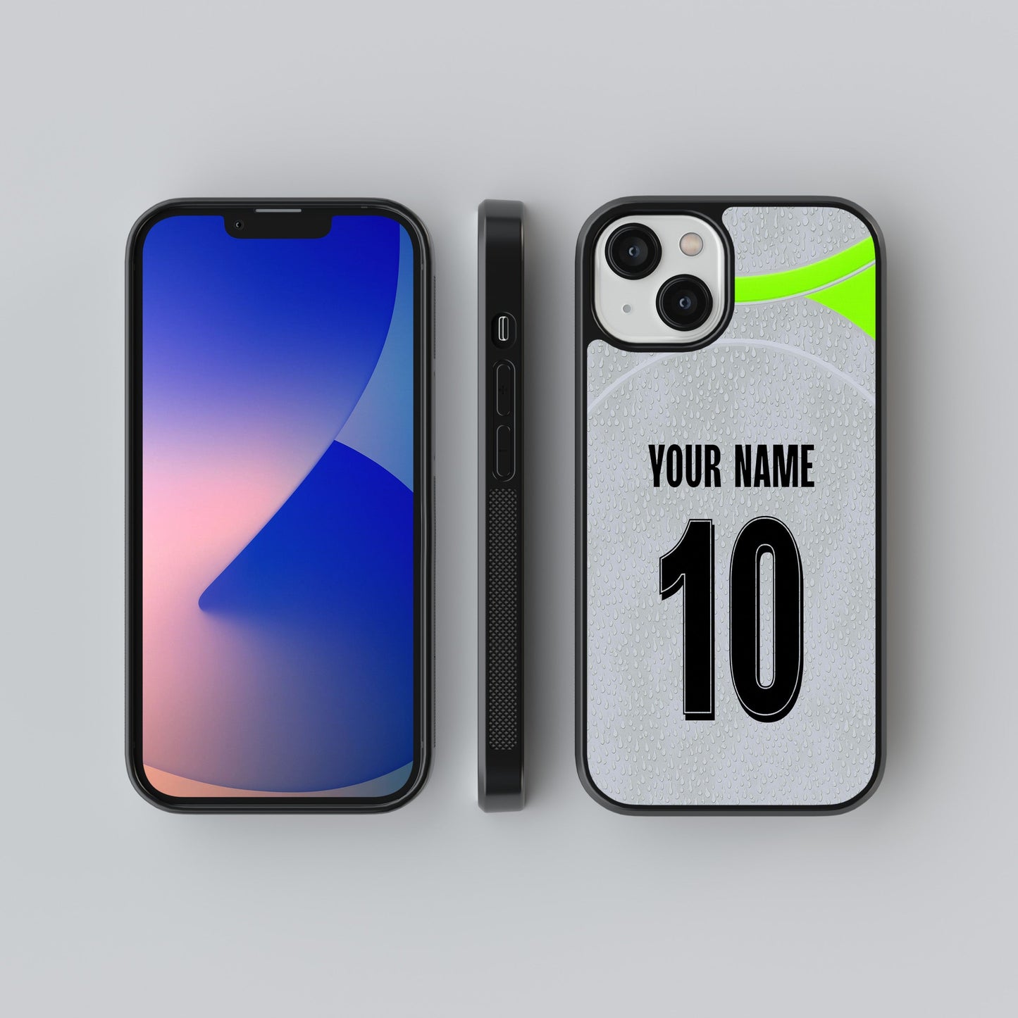 Phone case with customizable text on a gray background