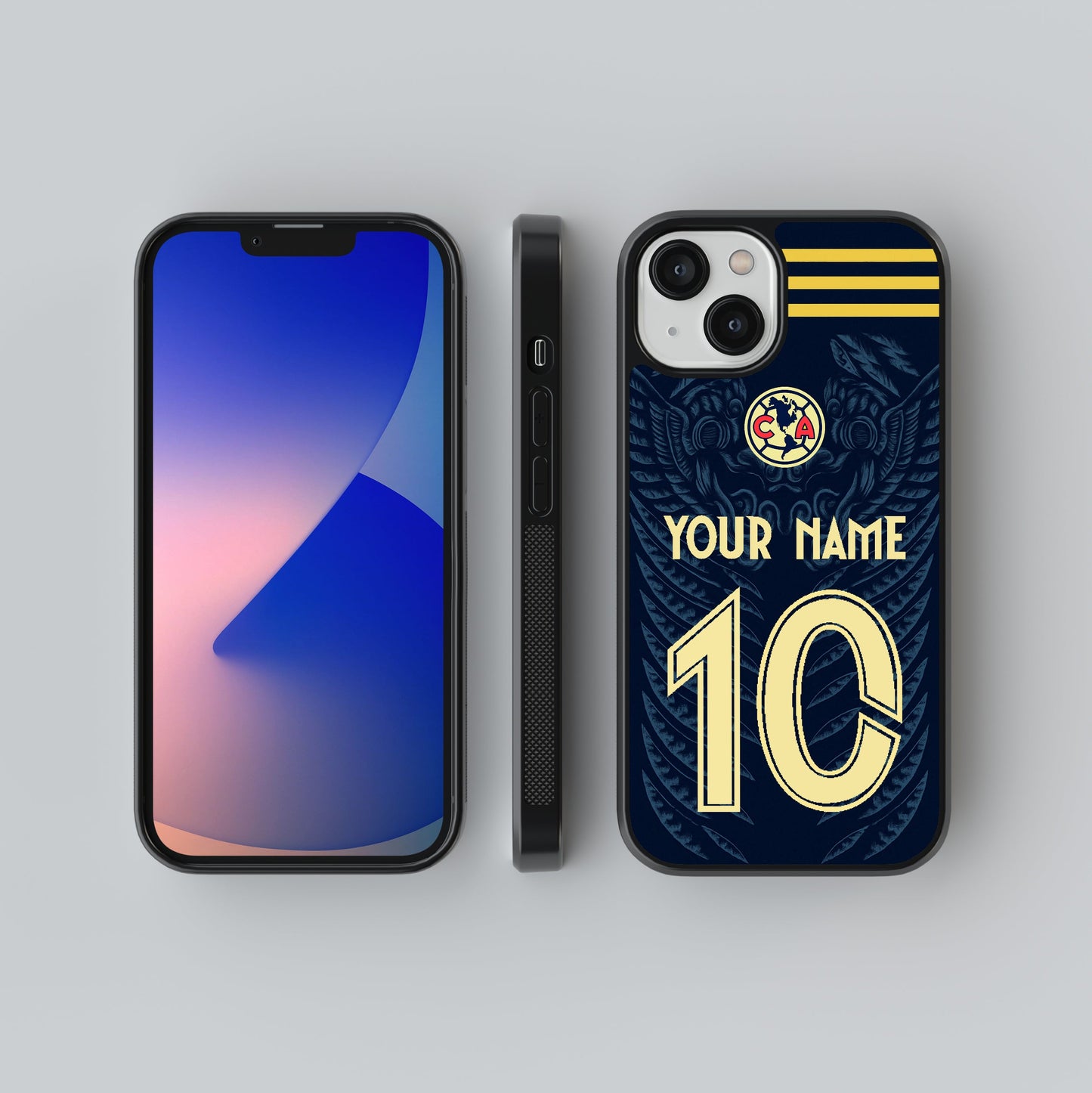 Phone case with customizable text on a gray background