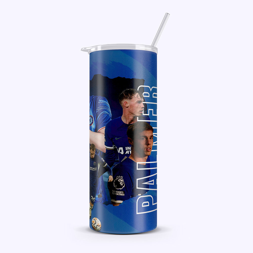 Blue tumbler with sports team branding and player images on a white background