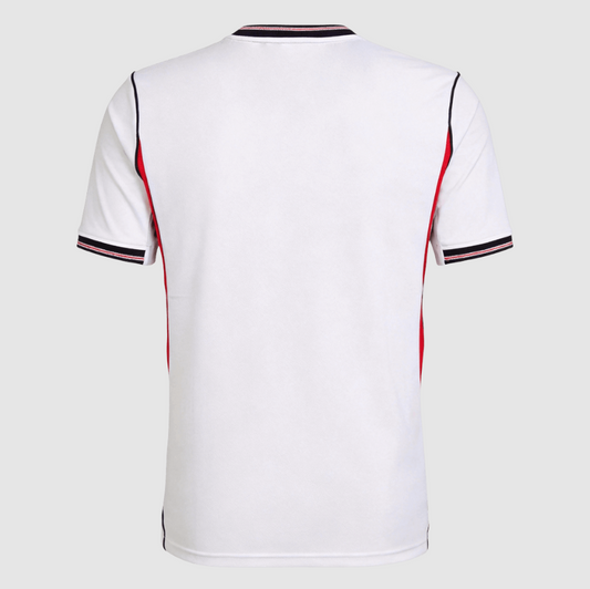 White t-shirt with black and red trim on a white background