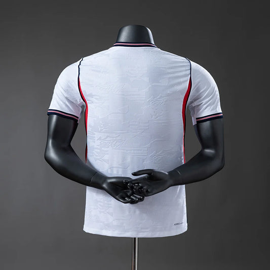 White polo shirt with red and blue accents on a black mannequin against a gray background