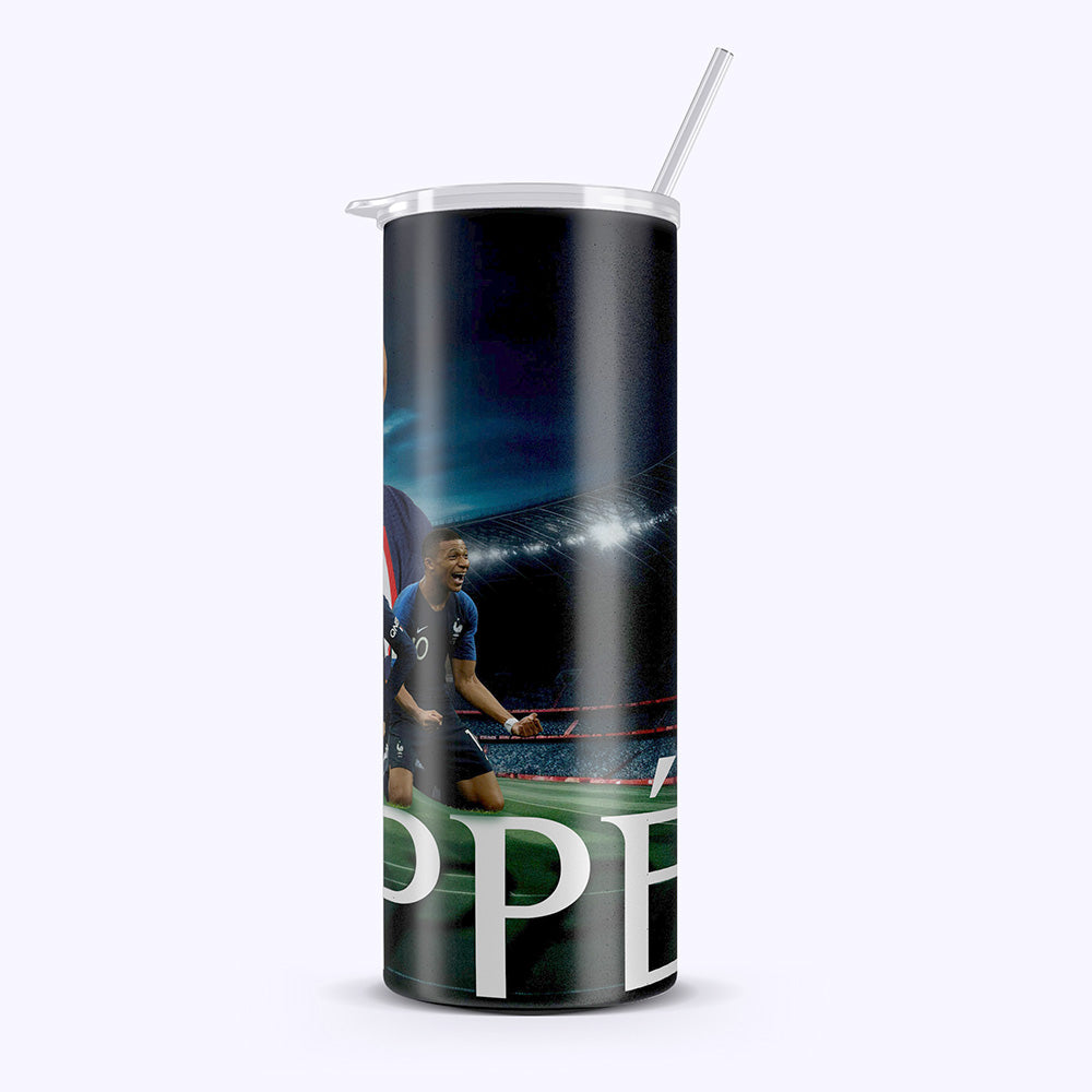 Tumbler with a soccer player on a field design, featuring the brand 'Opé'.