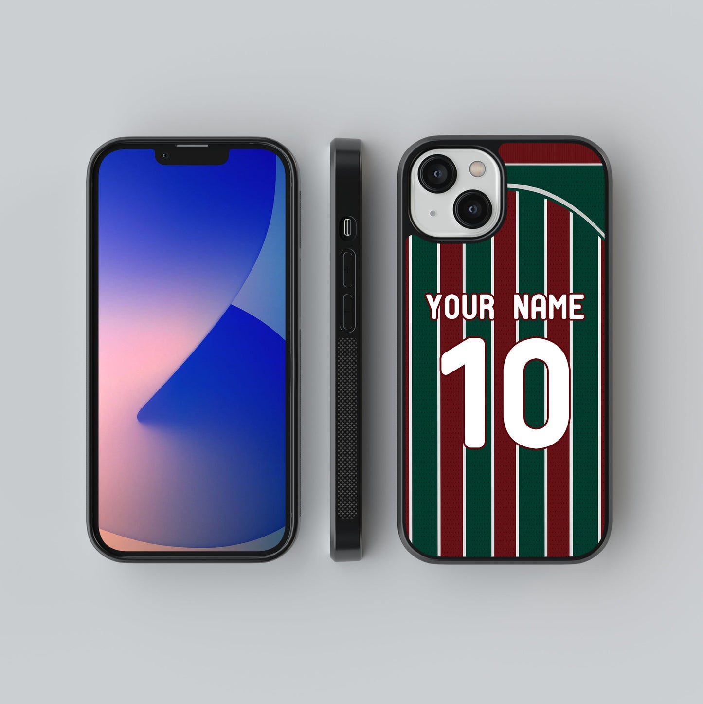 Phone case with red and green stripes and customizable text on a gray background