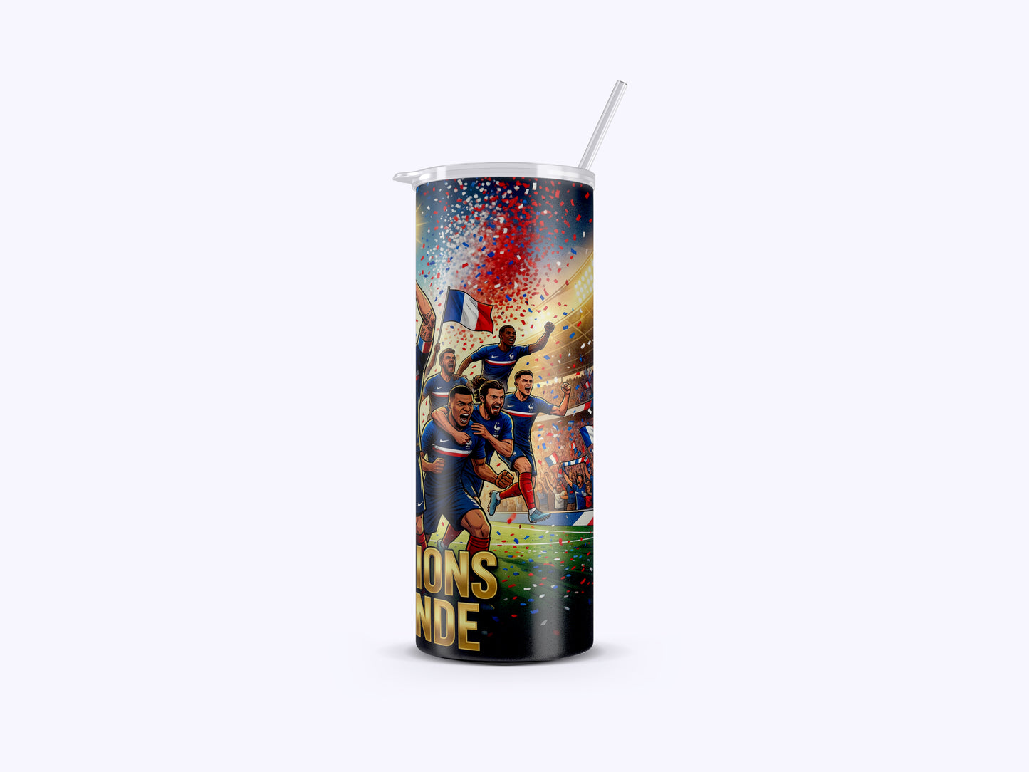Tumbler with soccer-themed design and text on a white background