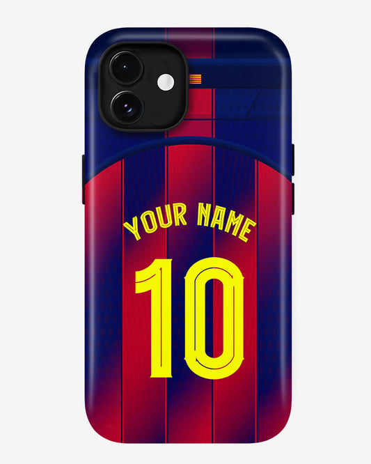 Phone case with red and blue striped design, yellow number 10, and customizable text on a white background.
