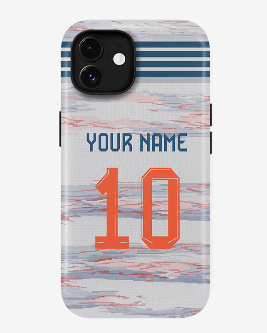 Phone case with customizable text on a abstract patterned background