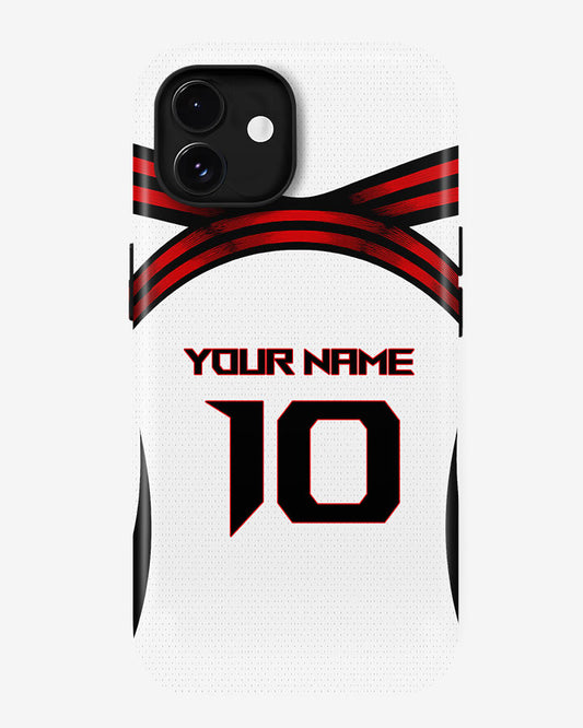 Phone case with red and black design on a white background