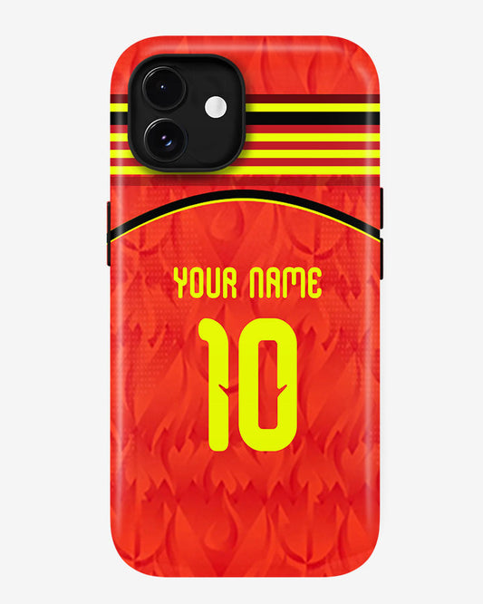Phone case with red background, yellow number 10, and customizable text on a white background