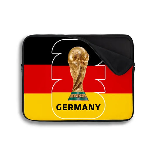 Laptop sleeve with German flag design and World Cup trophy, on a white background
