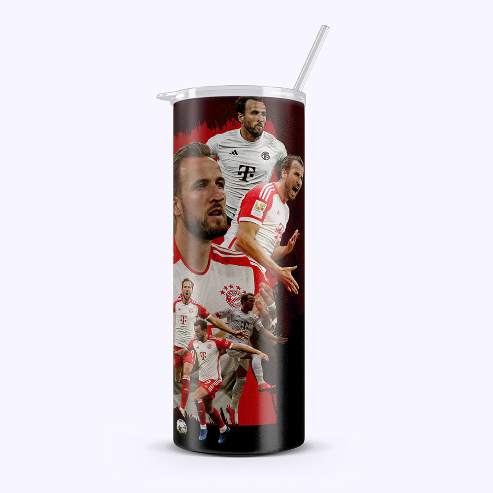 Tumbler with soccer player images and branding on a white background