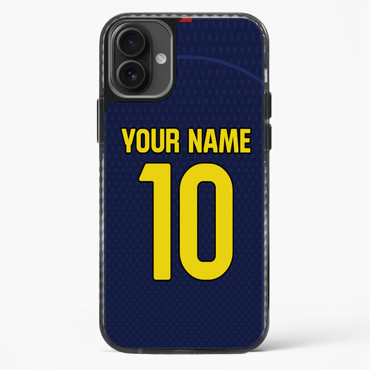 Phone case with customizable text on a blue background