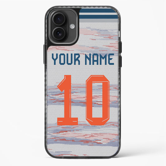 Phone case with customizable text on a light background