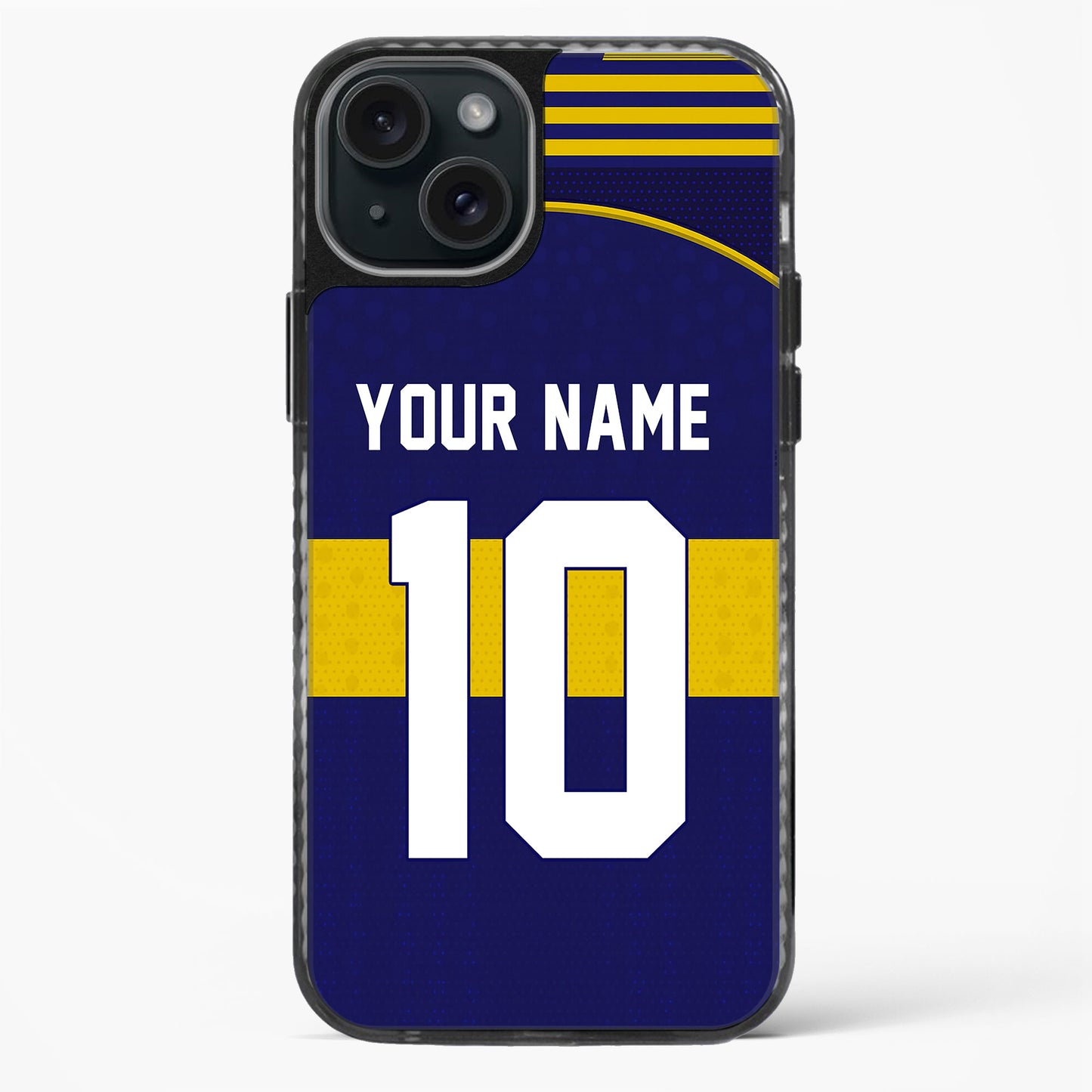 Phone case with customizable text on a blue background